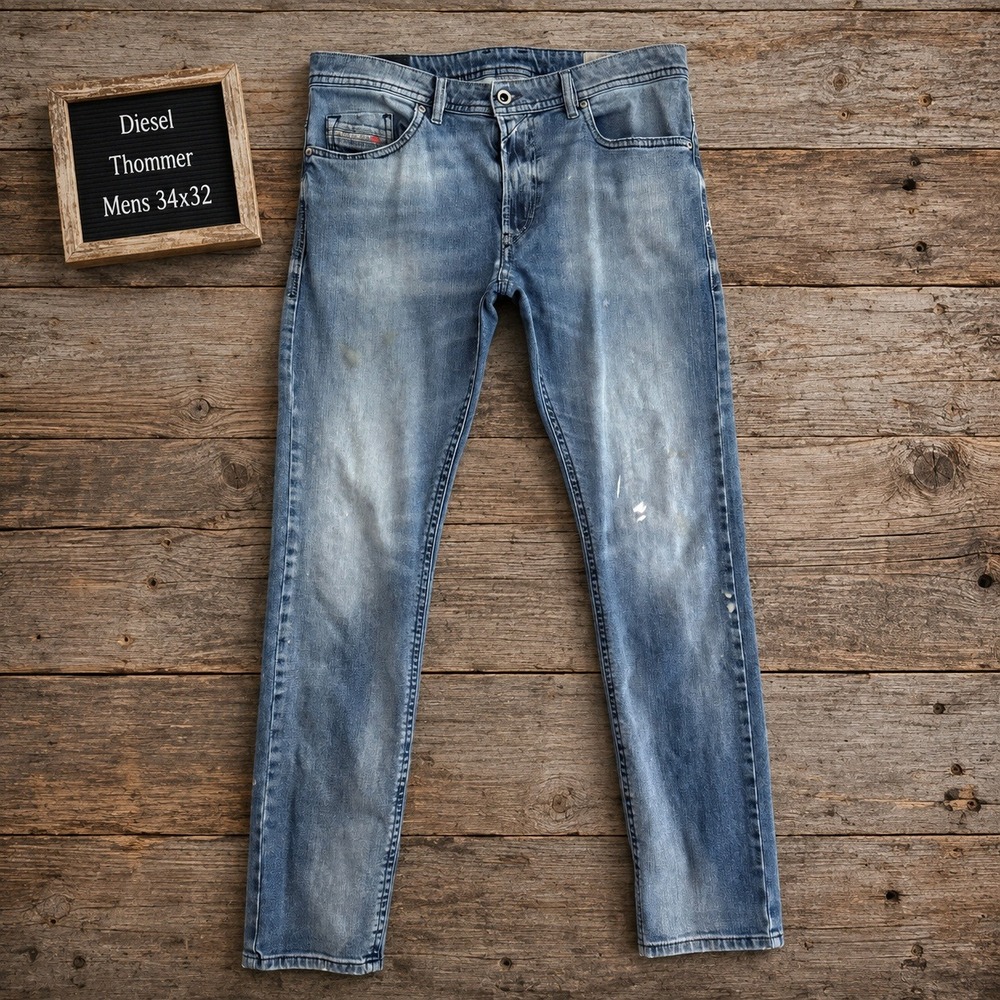 Diesel Thommer Mens 34x32 Slim Fit Distressed Paint Splatter Blue Jeans